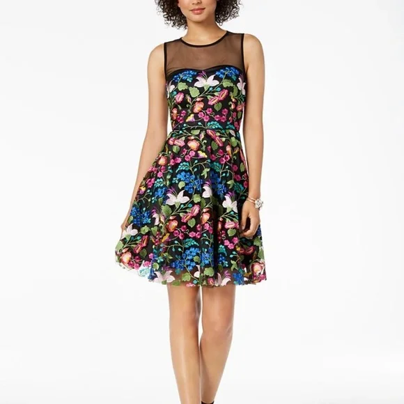 Tahari ASL Floral Embroidered-Mesh Illusion Fit & Flare Dress